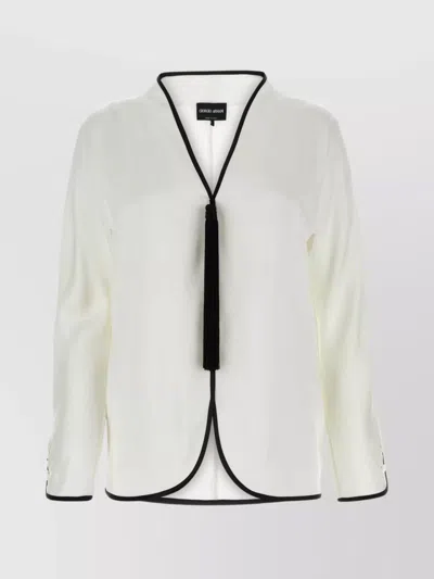 GIORGIO ARMANI SATIN BLOUSE WITH CONTRAST PIPING AND TASSEL DETAIL