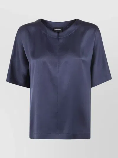 Giorgio Armani Satin Round Neck Short Sleeve Shirt In Blue