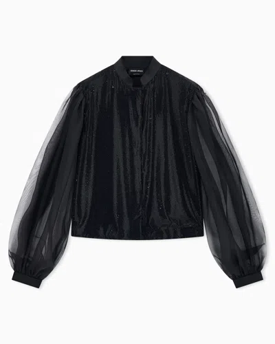 Giorgio Armani Satin Shirt With Silk Organza Sleeves And Front Rhinestones In Black