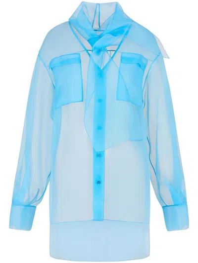 Giorgio Armani Scarf-detail Organza Shirt In Blue