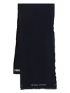 Giorgio Armani Herringbone Pattern Wool Fringed Scarf In Blue