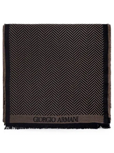 Giorgio Armani Sciarpa In Lana Vergine A Spina Di Pesce Con Frange In Brown