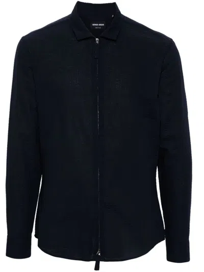 Giorgio Armani Seersucker Zip Shirt In Blue