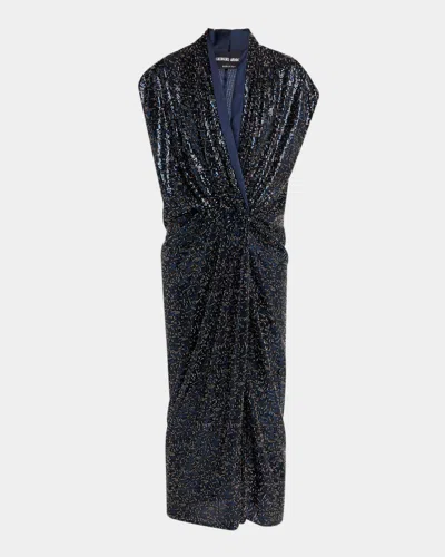 Giorgio Armani Sequined Cap-sleeve Gathered Dress In Purple