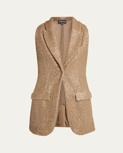 Giorgio Armani Sequined Houndstooth Single-breasted Vest In Brown