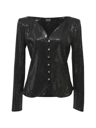 Pre-owned Giorgio Armani Sequinned Butterfly-button Jacket In Black