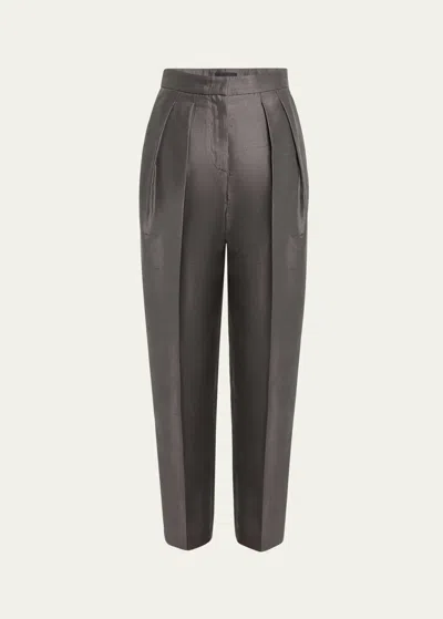 Giorgio Armani Shantung Silk Pleated Straight-leg Trousers In Dark Grey