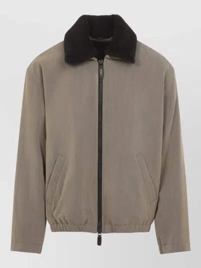 Giorgio Armani Shearling Collar Wool Padded Blouson Jacket In Brown