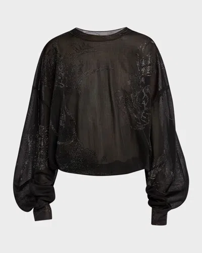 Giorgio Armani Sheer Jersey Blouse With Swarovski Details In Black