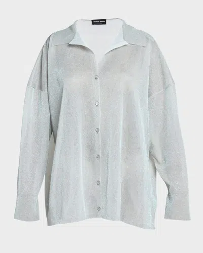 Giorgio Armani Sheer Metallic Oversized Collared Blouse In Blue
