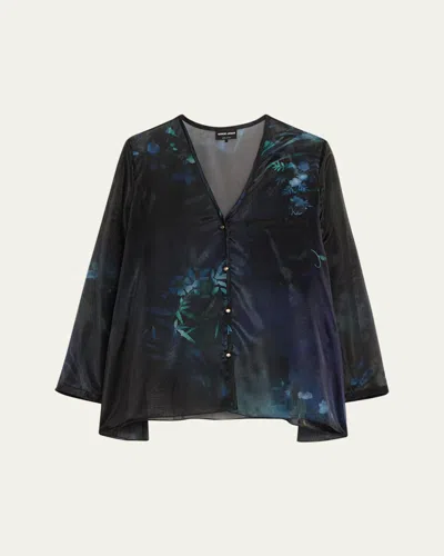 Giorgio Armani Shimmering Floral Charmeuse Button-down Shirt In Black
