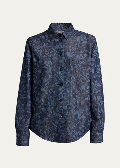 GIORGIO ARMANI SHINY DENIM FLORAL PRINT BUTTON-FRONT SHIRT
