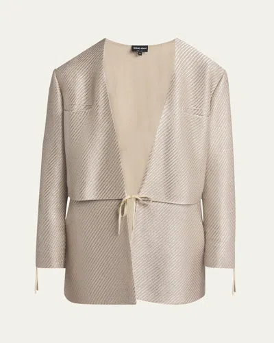 Giorgio Armani Shiny Raffia Jersey Jacquard Tie Jacket In Beige