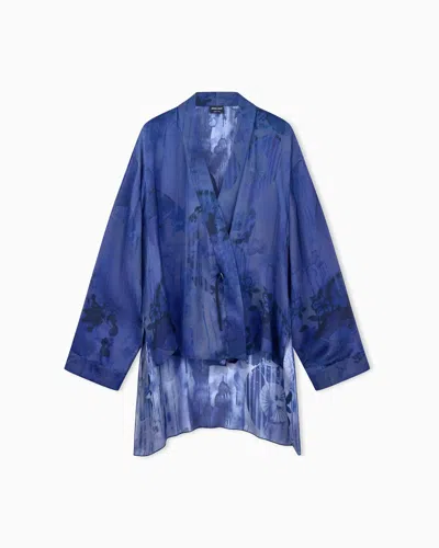 Giorgio Armani Shirt Asymmetrical Oversized In Floral Silk Charmeuse In Blue