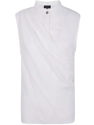 Giorgio Armani Draped Silk Shirt Korean Collar In White