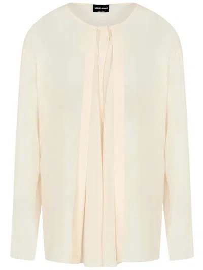 Giorgio Armani Silk Draped Shirt Front Pleats In Neutral