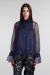 Giorgio Armani Semi-sheer Long-sleeve Silk Top In Blue