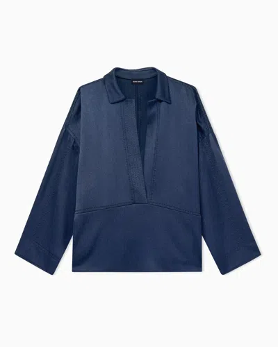 Giorgio Armani Shirt Wide Hammered Satin With Deep Neckline In Blue