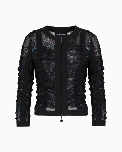 Giorgio Armani Short Jacket In Black Embroidered Lace With Zip