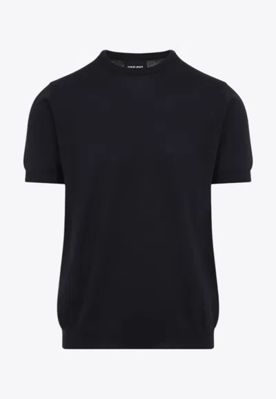 Giorgio Armani Official Store Silk And Cotton Crew-neck Jumper In Navy Blue