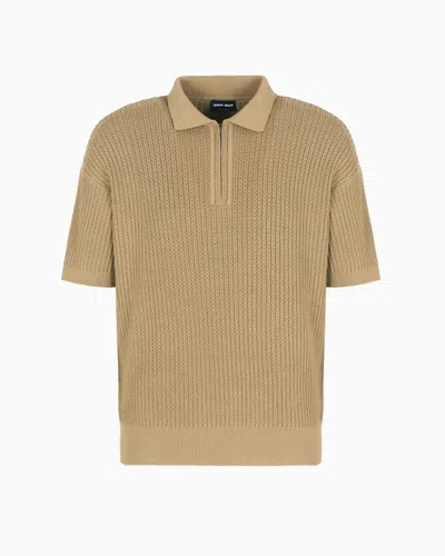 Giorgio Armani Short-sleeved Polo Shirt In A Ribbed Viscose Blend In Sand