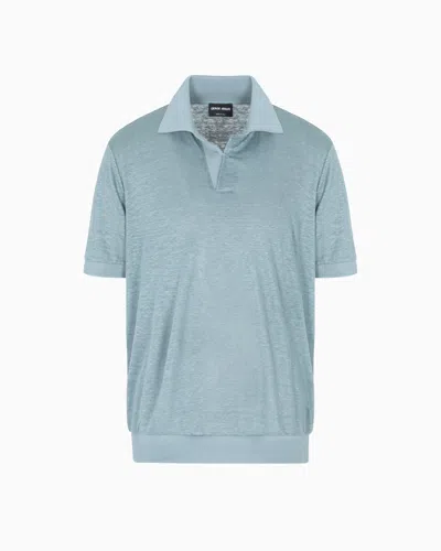 Giorgio Armani Short-sleeved Polo Shirt In Linen Jersey In Blue