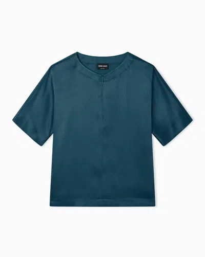 Giorgio Armani Short-sleeved Shirt In Double-faced Silk Satin In Blue