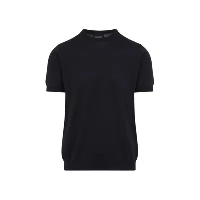 Giorgio Armani Official Store Silk And Cotton Crew-neck Jumper In Navy Blue