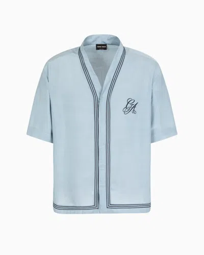 Giorgio Armani Short-sleeved Silk Shirt In Blue