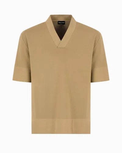 Giorgio Armani Short-sleeved V-neck Jumper In Virgin Wool In Brown