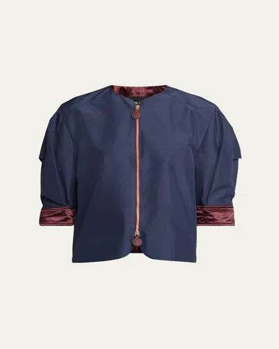 Giorgio Armani Short-sleeve Silk Shantung Caban Coat In Blue