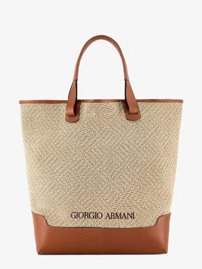 Giorgio Armani Official Store Woven Linen And Leather Shopper Bag In Beige