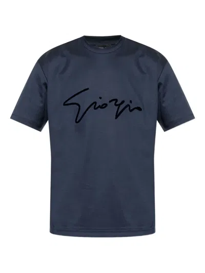 Giorgio Armani Signature-embroidered Cotton T-shirt In Blue
