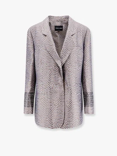 Giorgio Armani Embroidered Striped Blazer In Grey