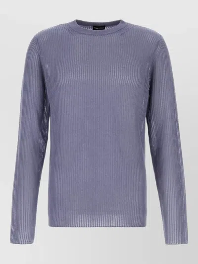 Giorgio Armani Silk Blend Sweater Long Sleeves Crew Neck In Blue