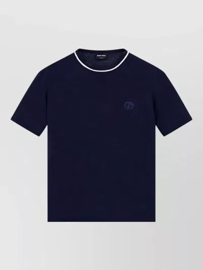 Giorgio Armani Silk Blend T Shirt Round Neck Contrast Trim In Blue