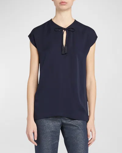 Giorgio Armani Silk Georgette Blouse With Fringe Tie Neck Detail In Navy