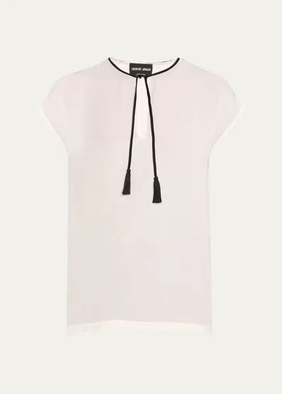 Giorgio Armani Silk Georgette Short Blouse With Tie Neck Detail In Solid White
