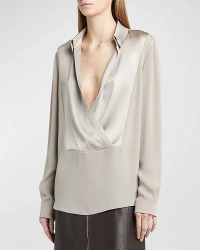 Giorgio Armani Silk Georgette Wrap Blouse In Silver