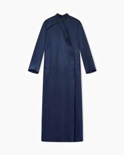Giorgio Armani Silk Lamé Dress With High Neck And Asymmetric Detail In Blue