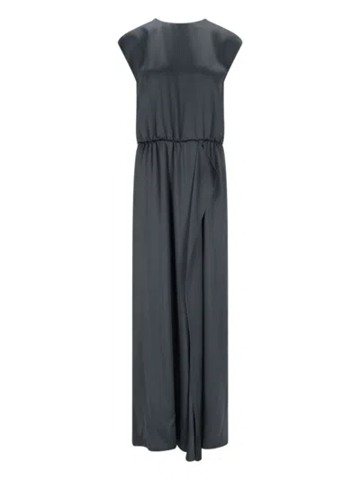 Giorgio Armani Long Dress In Embroidered Fabric And Printed Silk In Blue