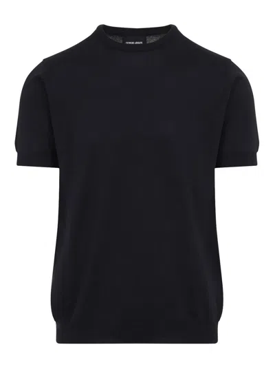 Giorgio Armani Official Store Silk And Cotton Crew-neck Jumper In Navy Blue