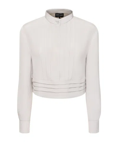 Giorgio Armani Silk Satin Crop Shirt W/ Pleats In White
