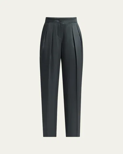 Giorgio Armani Silk Satin Pleated Straight-leg Trousers In Dark Green
