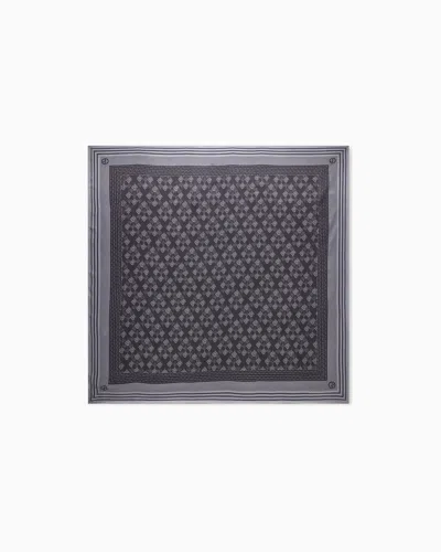 Giorgio Armani Silk Scarf With Geometric Pattern And Striped Edges In Gray