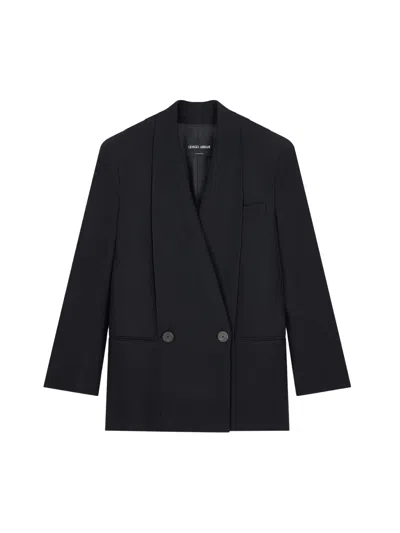 Giorgio Armani Silk V-neck Double-breasted Mini Jacket With Welt Pockets And Pleated Back Detail In Black