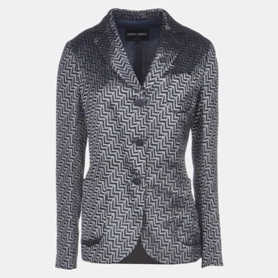 Pre-owned Giorgio Armani Silver/navy Blue Patterned Linen-blend Blazer It 44