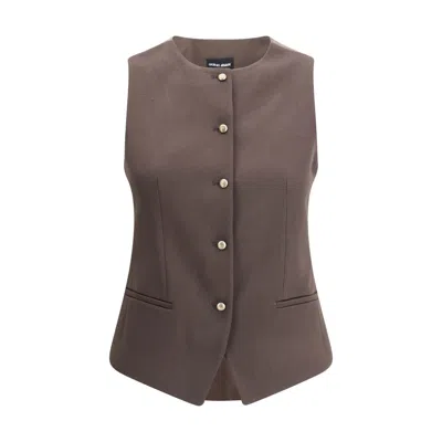 Giorgio Armani Single-breasted Hemp And Viscose Vest In Brown