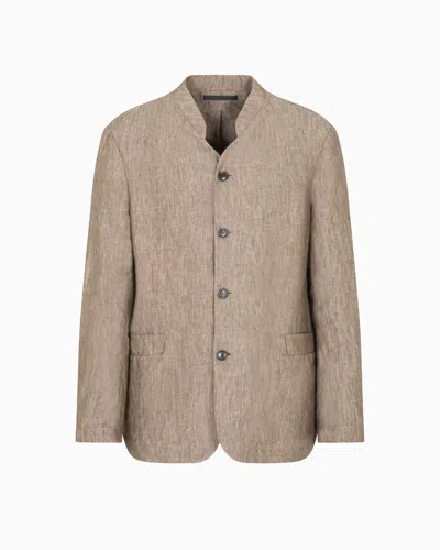 Giorgio Armani Single-breasted Jacket In Faded Linen Chambray In Neutral