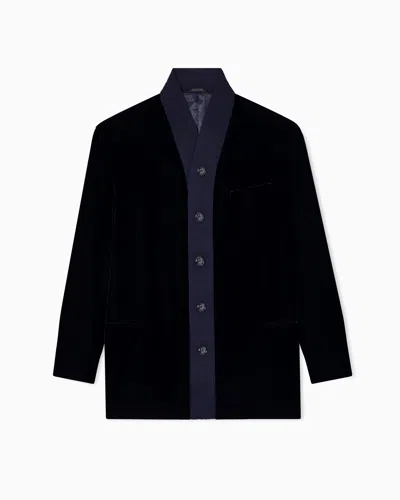 Giorgio Armani Single-breasted Jacket In Velvet With Knit Details In Blue